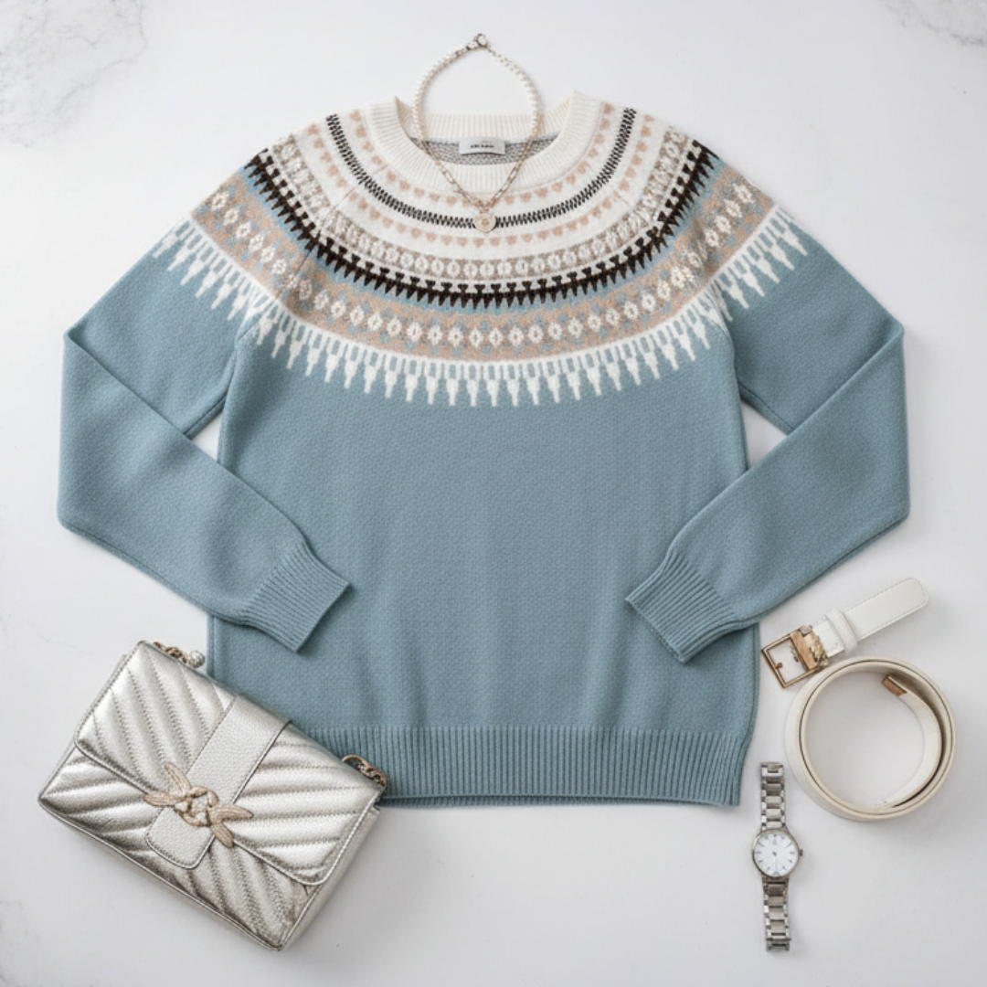 EB | Strickpullover Fair Isle-Muster Rundhalsausschnitt Lange Ärmel Rippdetails