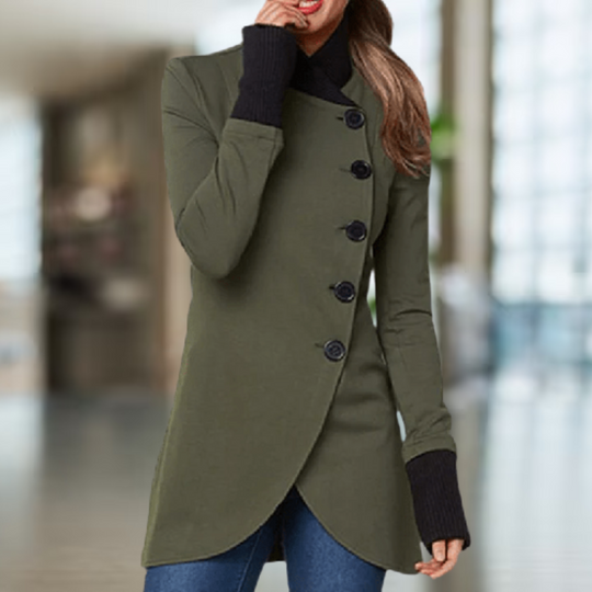EB | Mantel für Damen Asymmetrischer Schnitt Knopfverschluss Hoher Kragen Eleganter Slim Fit