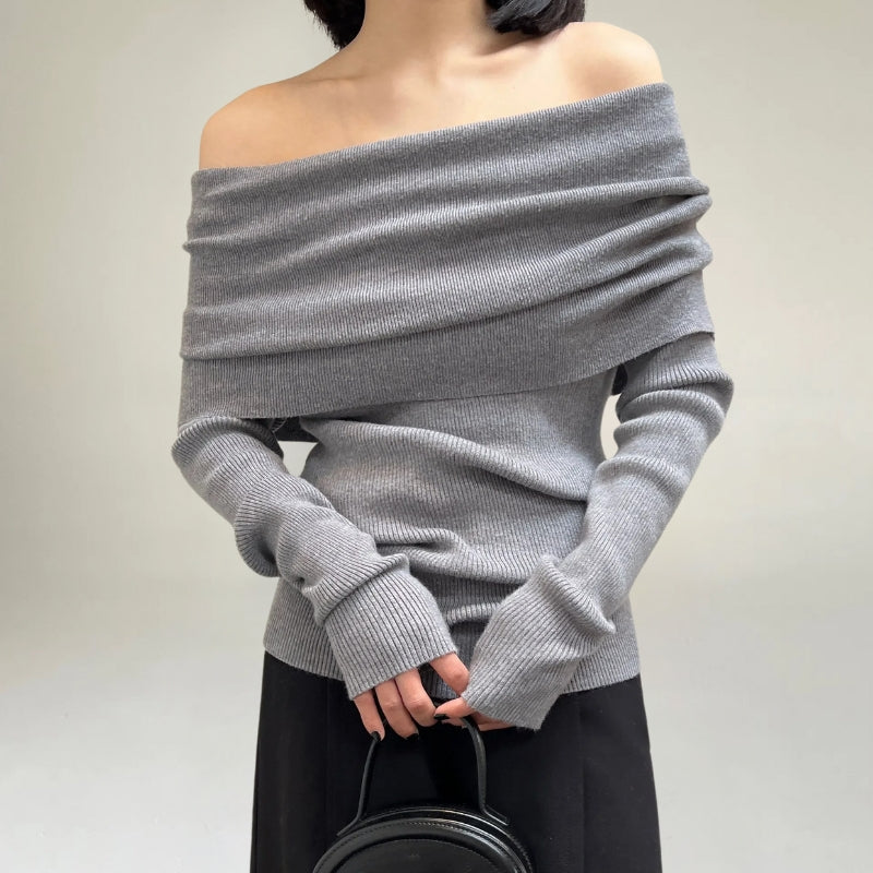 EB | Off-Shoulder Strickpullover Gerippter Strick Enganliegendes und Elegantes Design