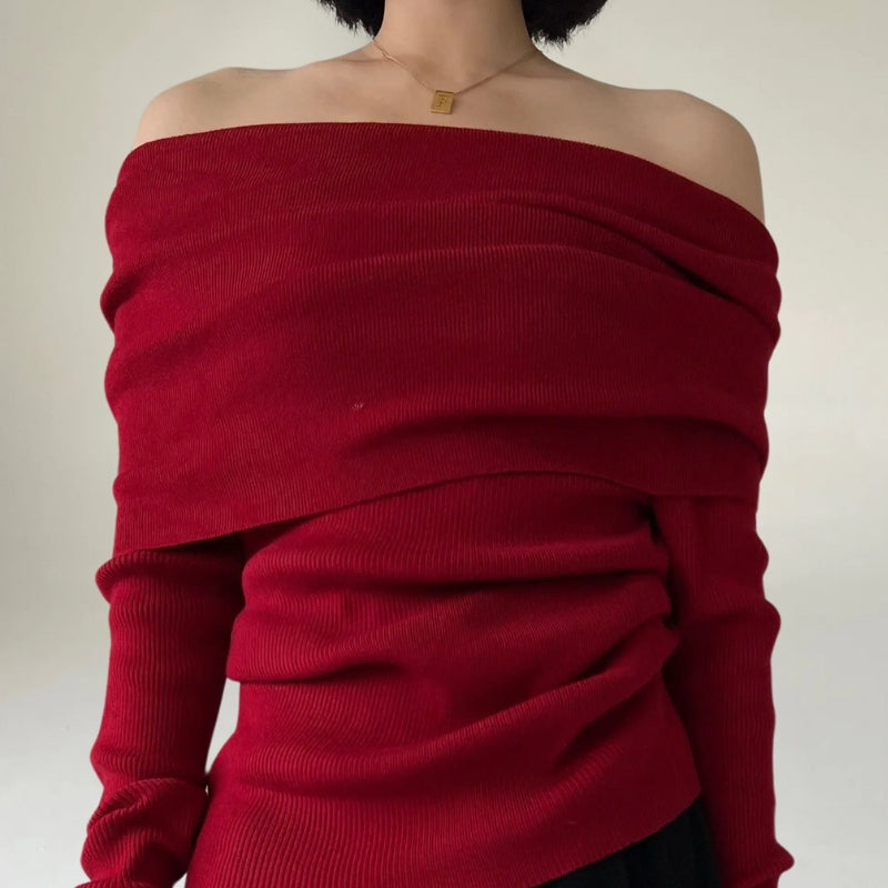 EB | Off-Shoulder Strickpullover Gerippter Strick Enganliegendes und Elegantes Design