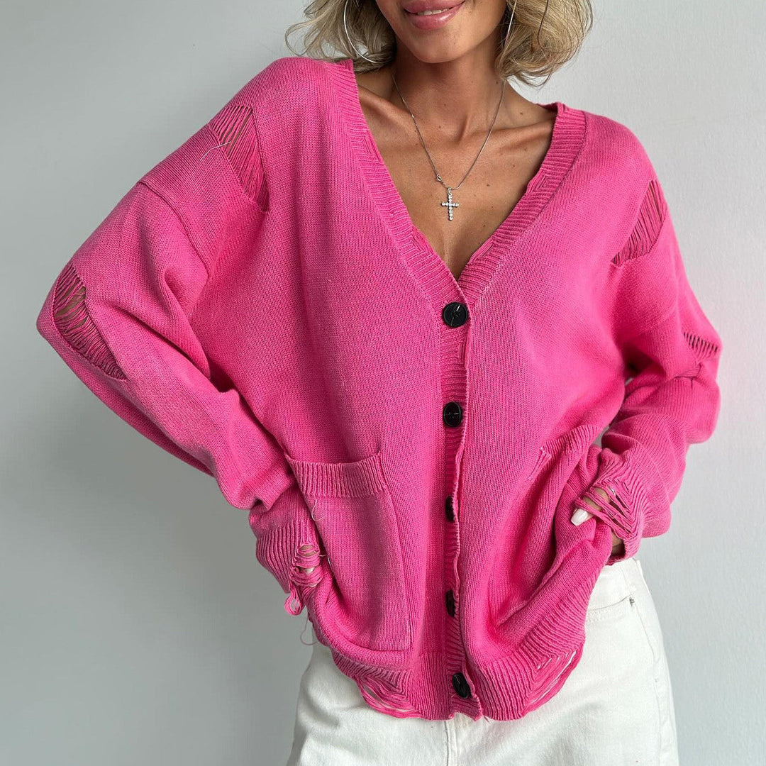 EB | Damen Baumwollmix Pullover mit V-Ausschnitt und aufgesetzten Taschen