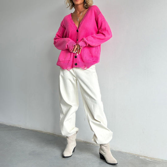 EB | Damen Baumwollmix Pullover mit V-Ausschnitt und aufgesetzten Taschen