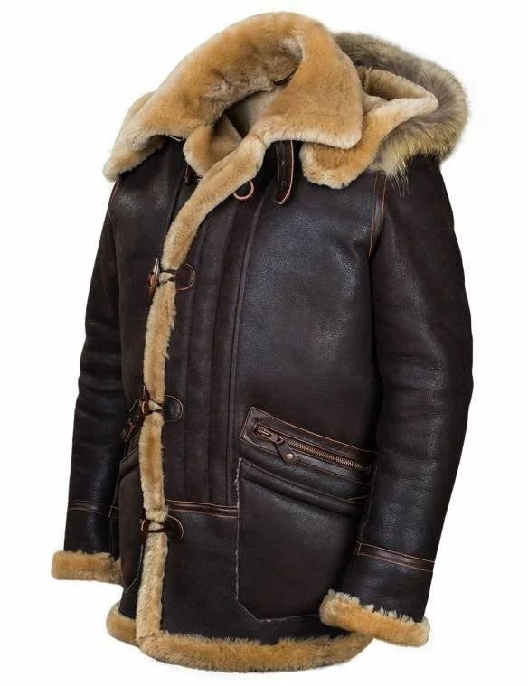EB | Jacke mit Kapuze Lederlook Weiches Plüschfutter Knopfverschluss Bequeme Passform
