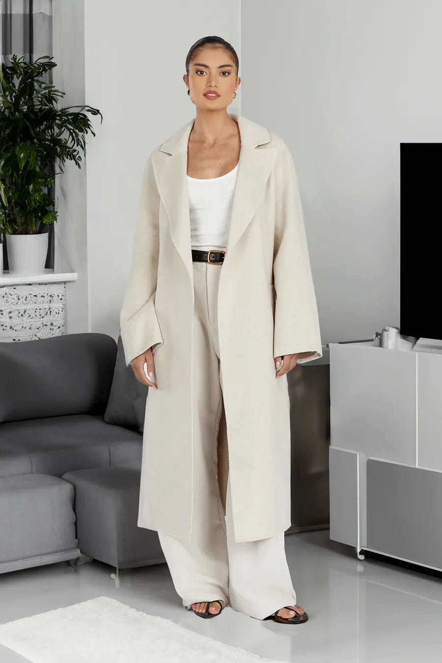 EB | Damen Lange Woll-Trenchcoat mit Reverskragen und Eleganter Passform