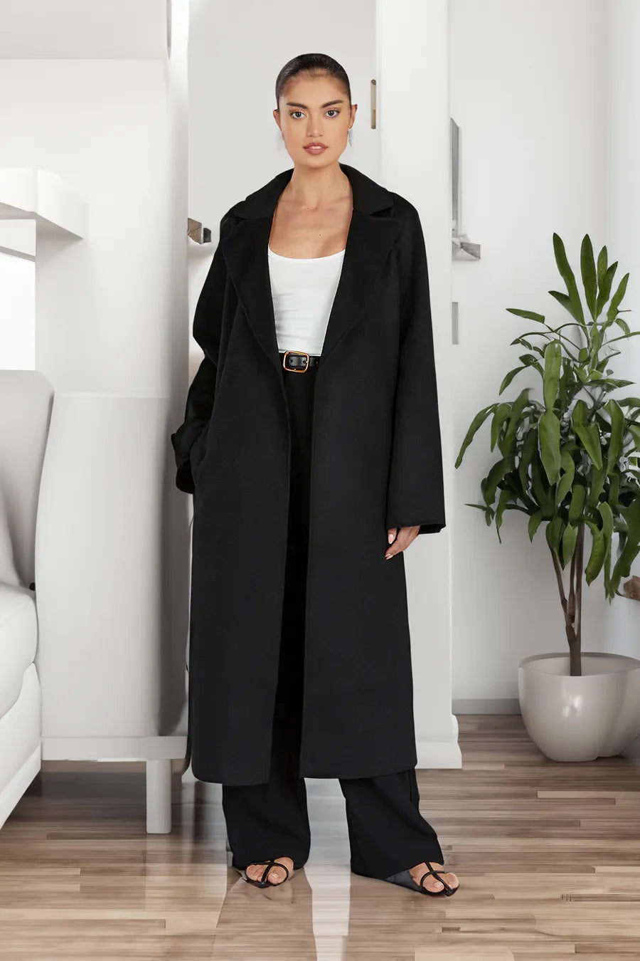 EB | Damen Lange Woll-Trenchcoat mit Reverskragen und Eleganter Passform