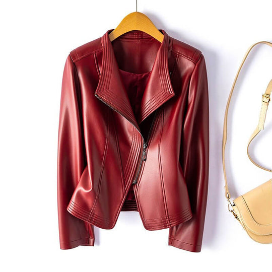 EB | Lederjacke - Stylischer Breiter Revers mit Asymmetrischem Reißverschluss