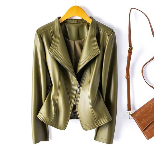 EB | Lederjacke - Stylischer Breiter Revers mit Asymmetrischem Reißverschluss