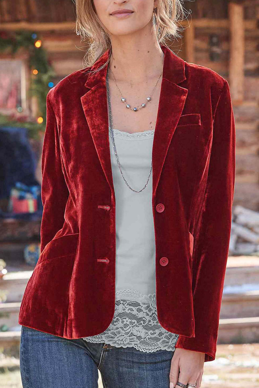 EB | Geschnittener Crop - Blazer Aus Samt - Rubinrot