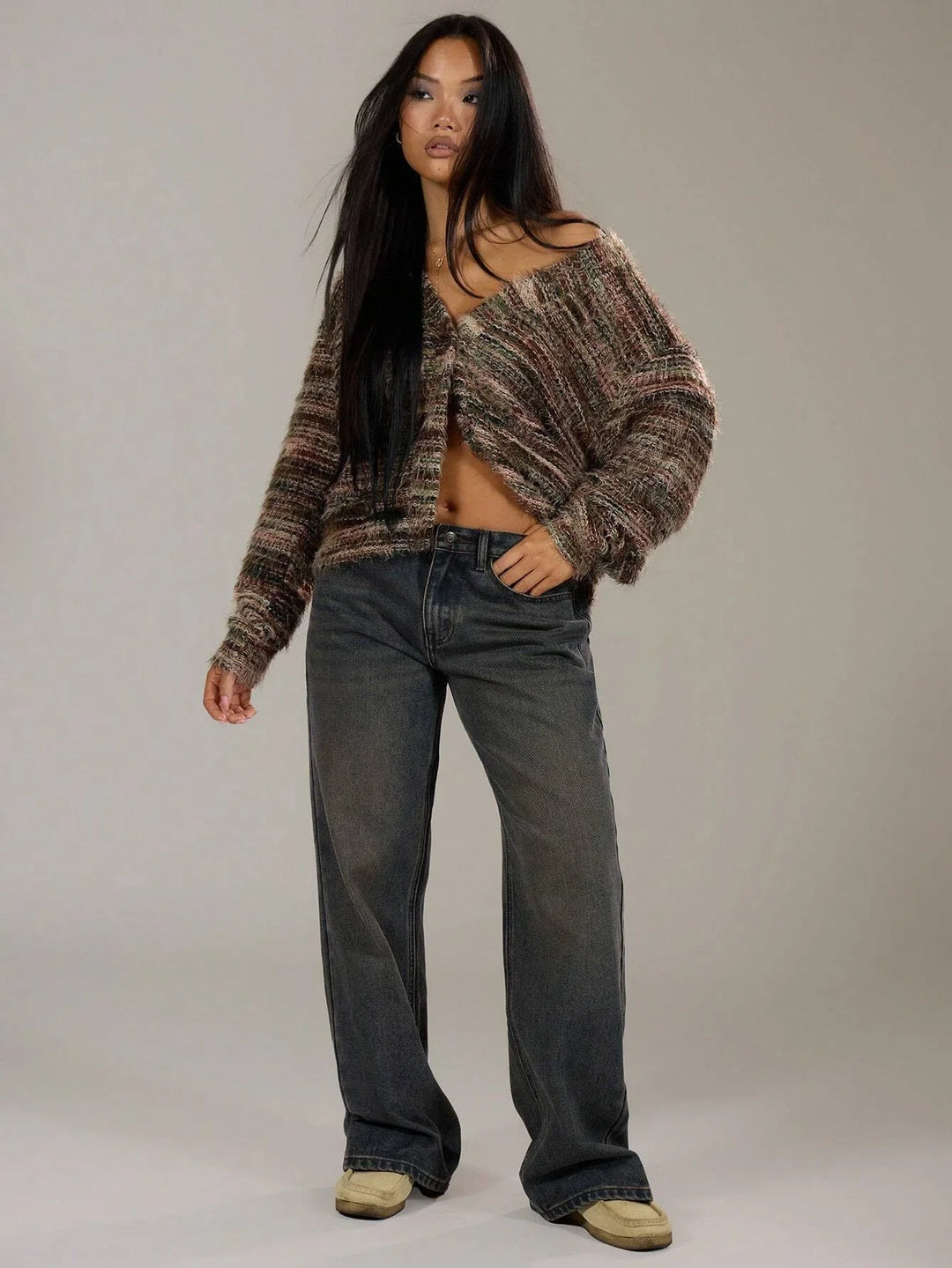 EB | Damen Multicolor Gebrachte Strickjacke mit Knopfverschluss und Langen Ärmeln