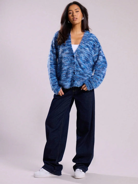 EB | Damen Multicolor Gebrachte Strickjacke mit Knopfverschluss und Langen Ärmeln