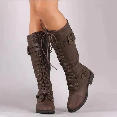 EB | Steampunk Knielange Stiefel Schnürung, Schnallendetail, Pu Leder für Herbst und Winter
