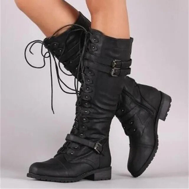 EB | Retro-Stiefel mit Flacher Schnalle und Schnürung