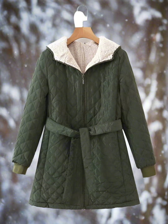 EB | Parka - Lange Steppjacke mit Kapuze - Gepolstert und Gefüttert - Bindegürtel für Perfekten Sitz