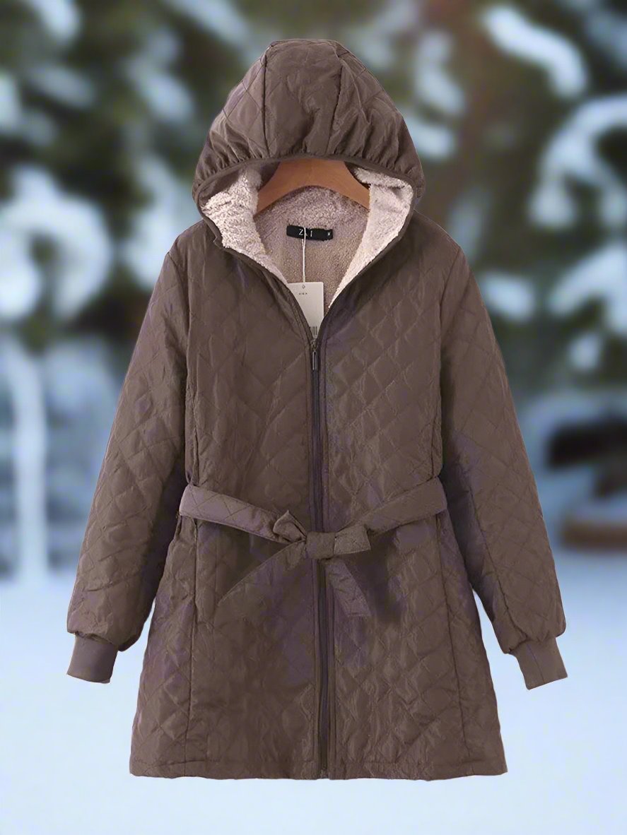 EB | Parka - Lange Steppjacke mit Kapuze - Gepolstert und Gefüttert - Bindegürtel für Perfekten Sitz