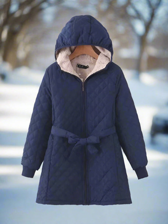 EB | Parka - Lange Steppjacke mit Kapuze - Gepolstert und Gefüttert - Bindegürtel für Perfekten Sitz