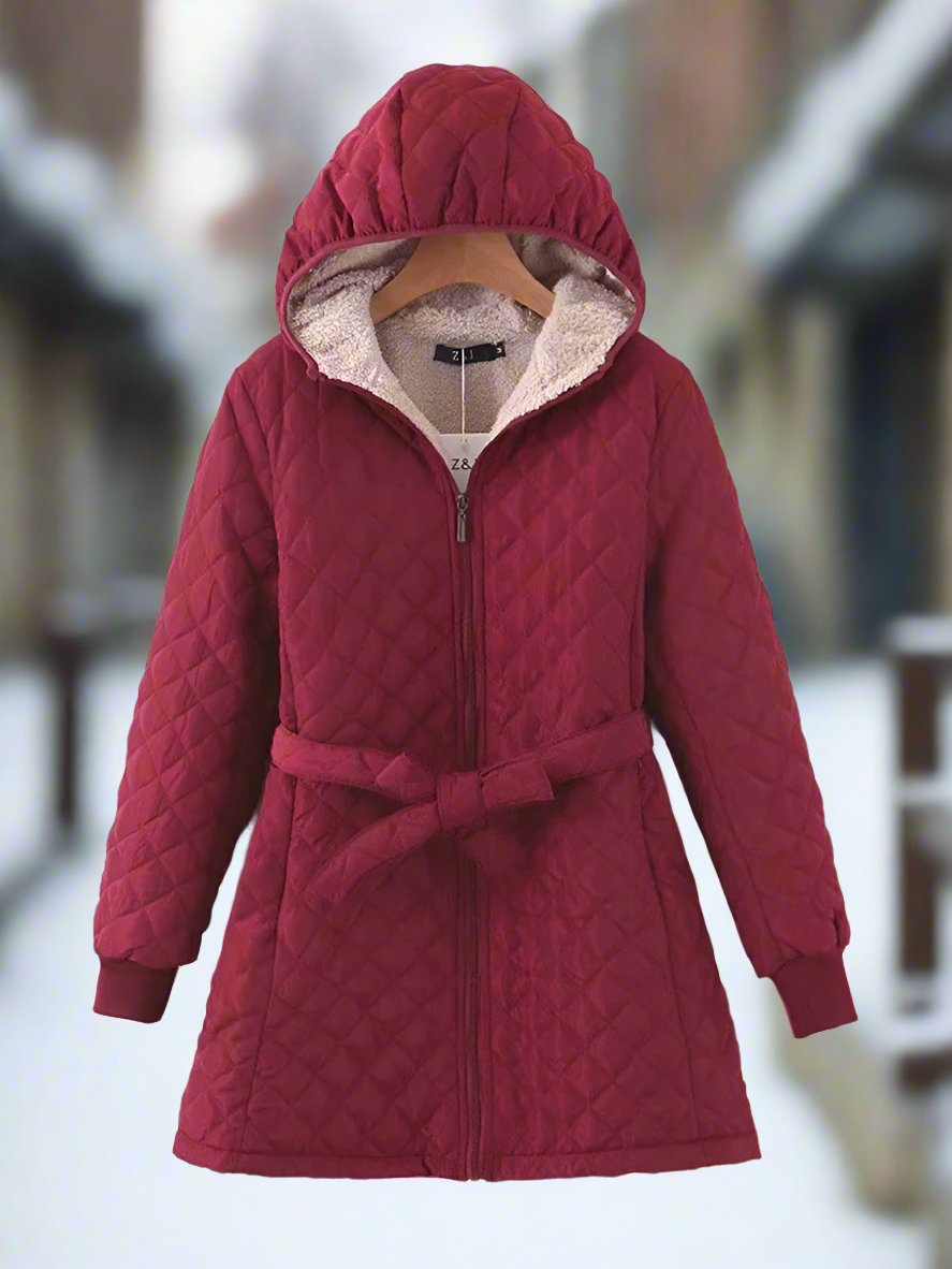 EB | Parka - Lange Steppjacke mit Kapuze - Gepolstert und Gefüttert - Bindegürtel für Perfekten Sitz