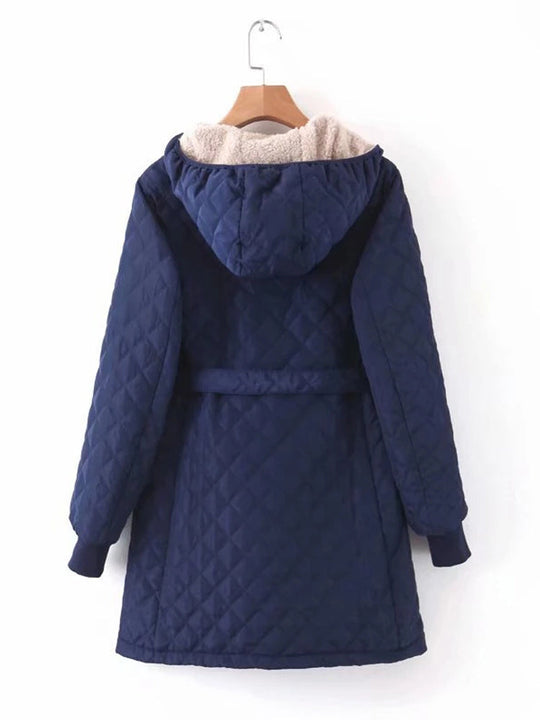 EB | Parka - Lange Steppjacke mit Kapuze - Gepolstert und Gefüttert - Bindegürtel für Perfekten Sitz