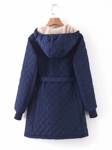 EB | Parka - Lange Steppjacke mit Kapuze - Gepolstert und Gefüttert - Bindegürtel für Perfekten Sitz