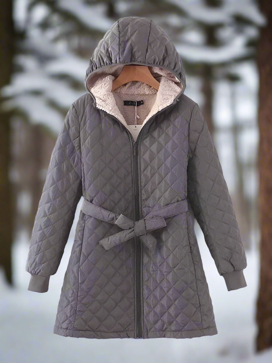 EB | Parka - Lange Steppjacke mit Kapuze - Gepolstert und Gefüttert - Bindegürtel für Perfekten Sitz
