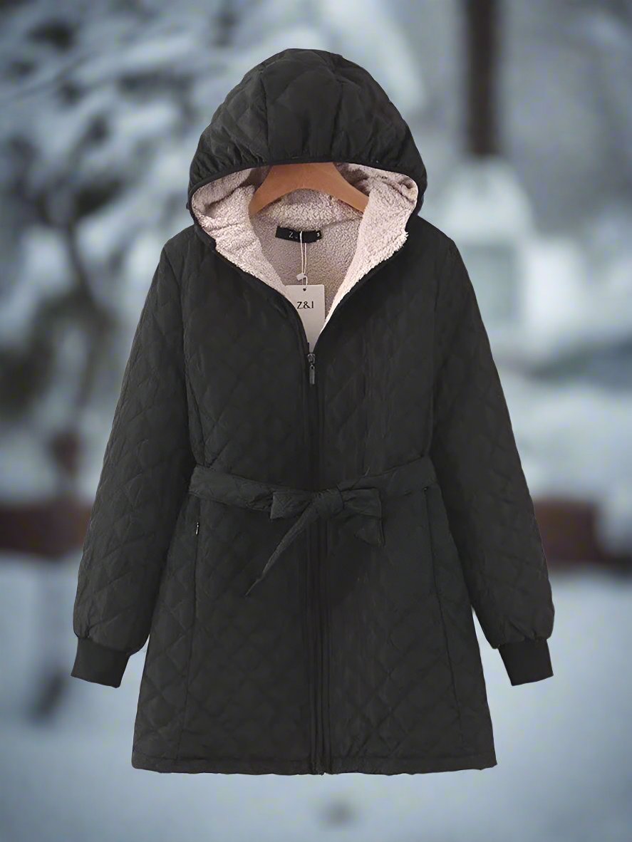 EB | Parka - Lange Steppjacke mit Kapuze - Gepolstert und Gefüttert - Bindegürtel für Perfekten Sitz