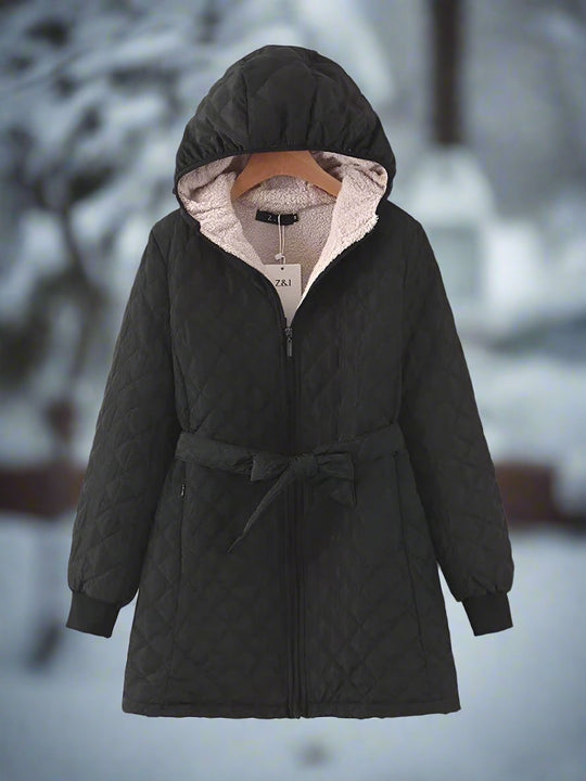 EB | Parka - Lange Steppjacke mit Kapuze - Gepolstert und Gefüttert - Bindegürtel für Perfekten Sitz