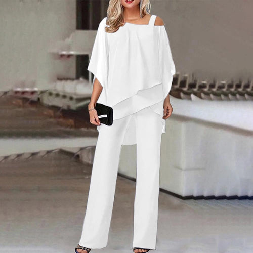 EB | Damen Zweiteiler Satz Eleganter Jumpsuit mit Cold Shoulder Bluse