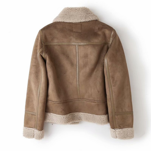 EB | Faux Schaffell Bikerjacke Reißverschlussdetail mit Gürtelabschluss