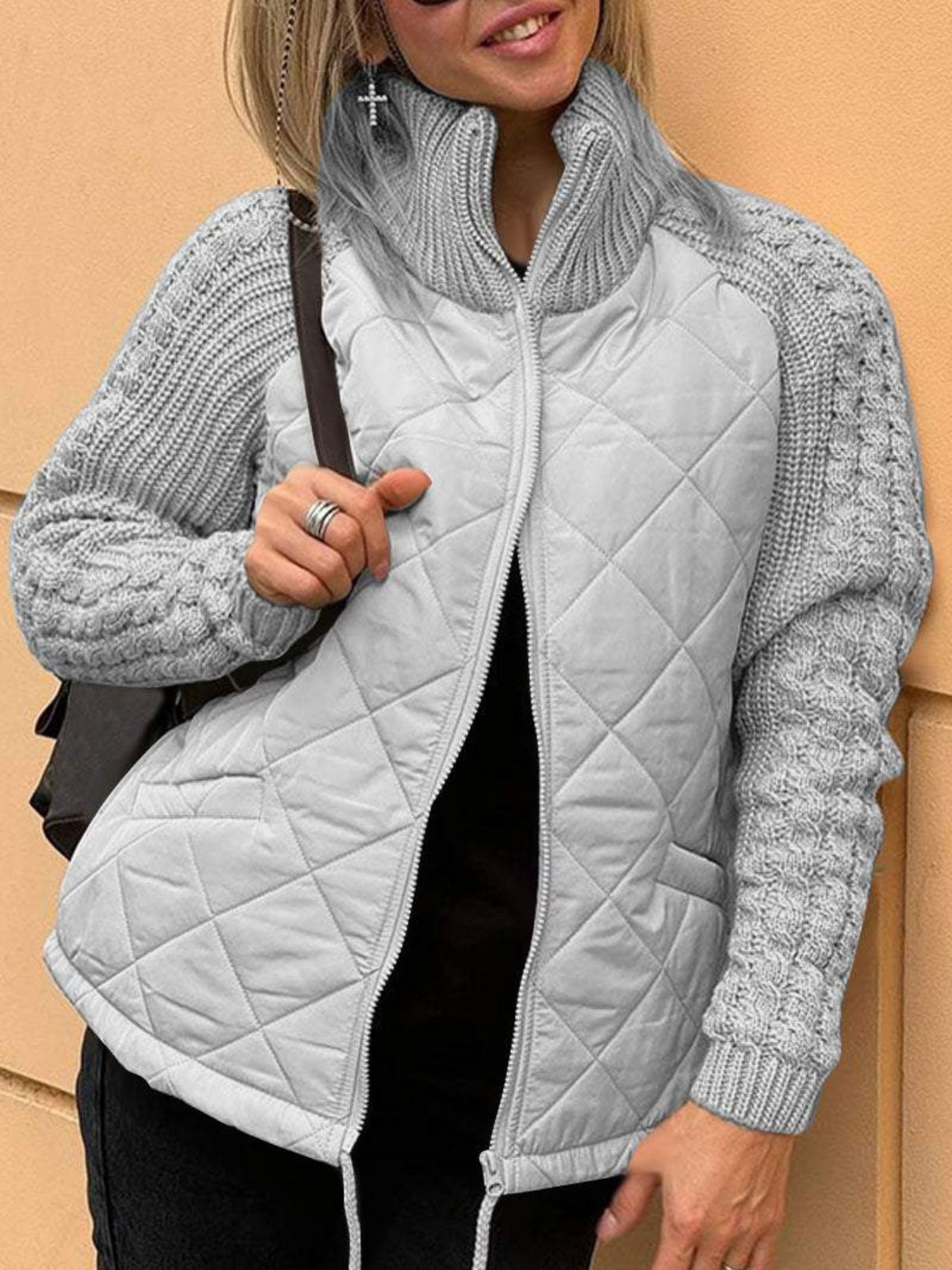 EB | Damen Strick-Winterjacke mit Reißverschluss und gestepptem Vorderteil
