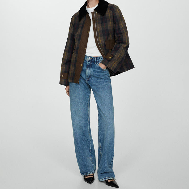EB | Damen Warme Karierte Jacke mit Weichem Kunstfellkragen und Großen Taschen