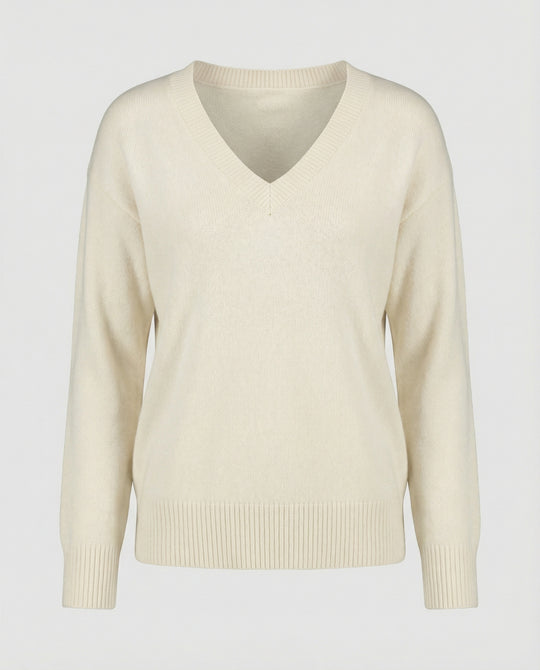 Weicher Oversize V-Ausschnitt Strickpullover für Damen in Creme-Weiß