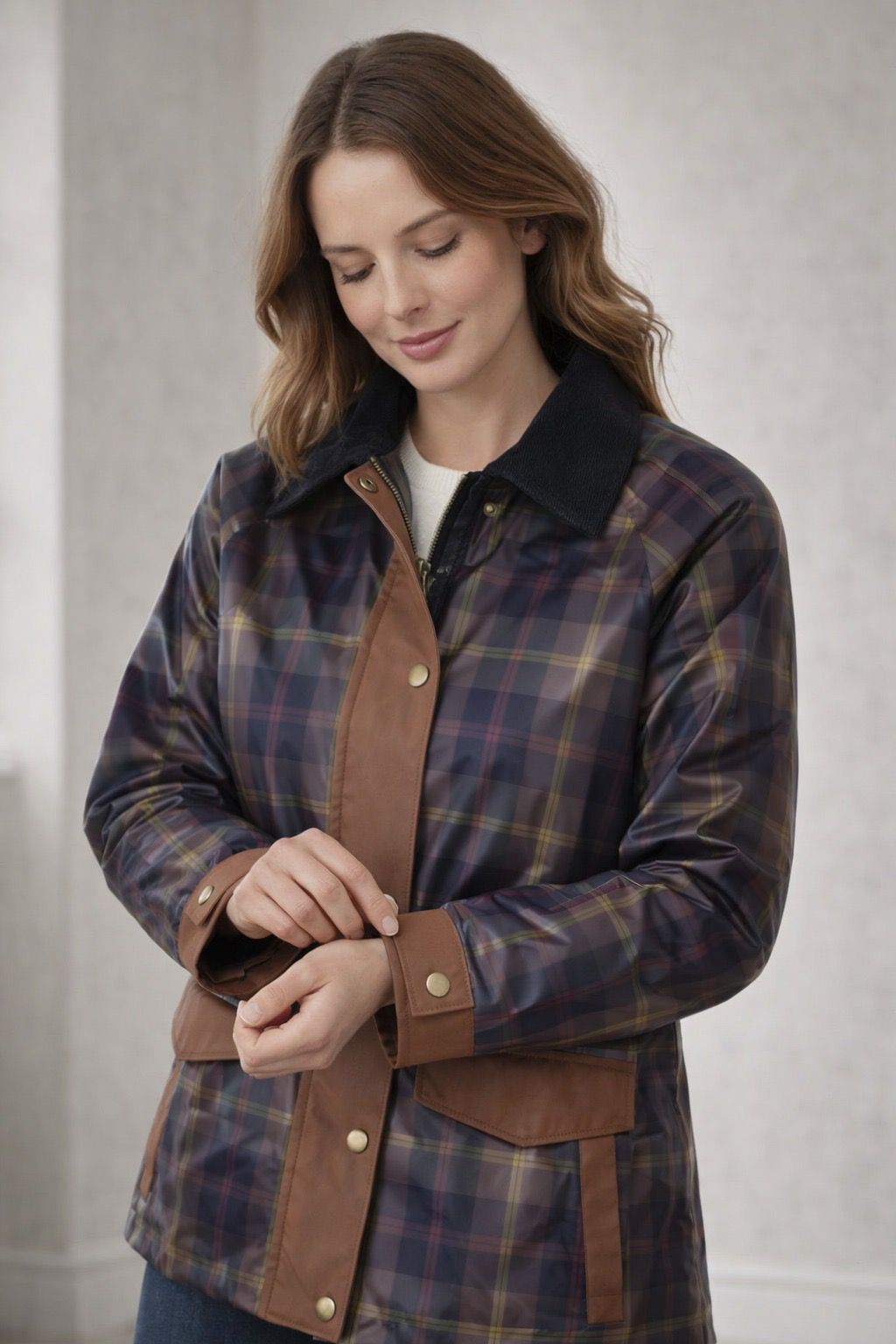 EB | Karierte Damenjacke mit Druckknopfleiste und Kontrastdetails