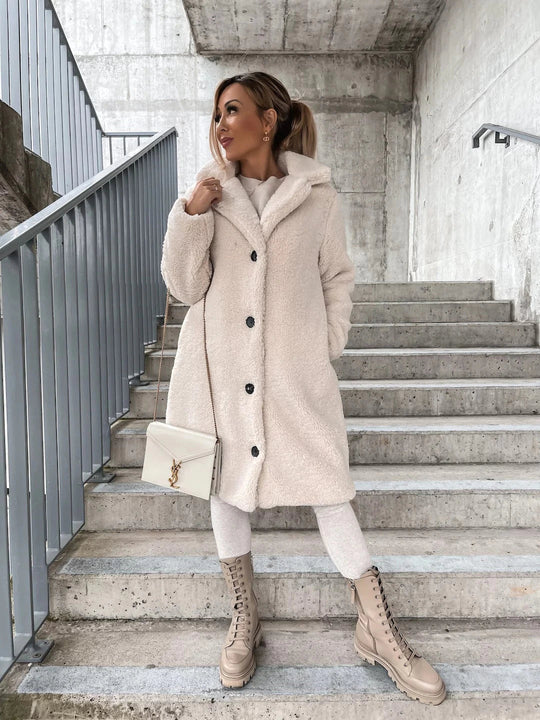 EB | Langer Mantel Weiches Teddy-Fleece Kapuze & Knopfverschluss Lockere Passform