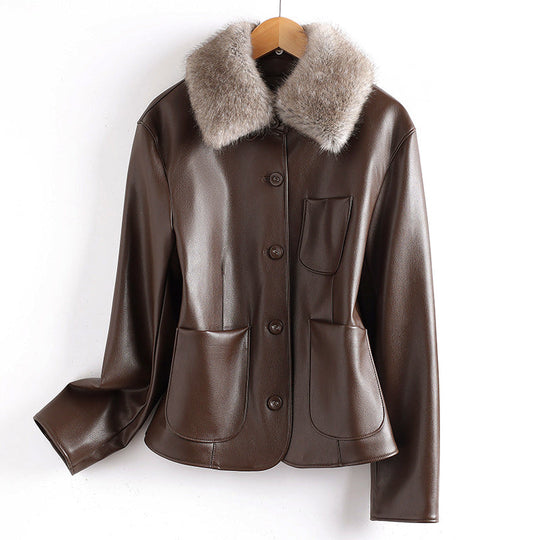 EB | Lederjacke mit Pelzkragen und Aufgesetzten Taschen