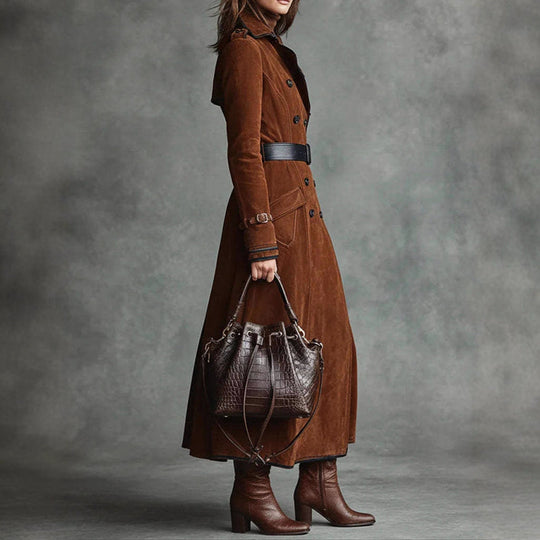 EB | Langer Wildleder-Style Trenchcoat mit Doppelreihigem Design