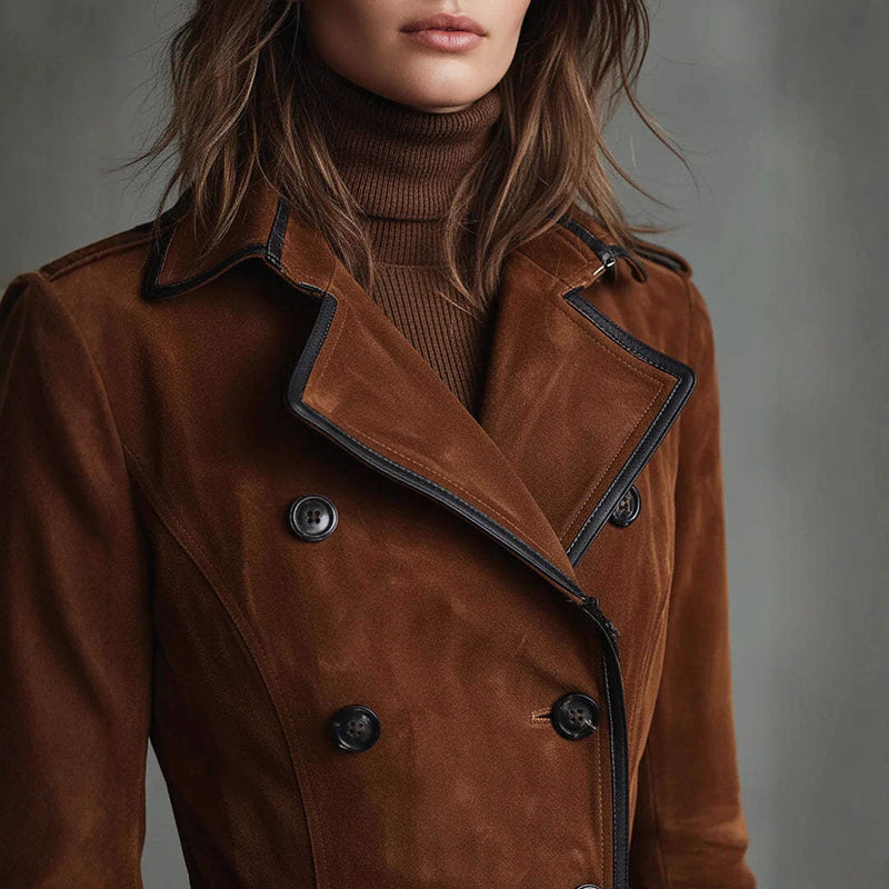 EB | Langer Wildleder-Style Trenchcoat mit Doppelreihigem Design