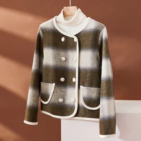 EB | Karierte Wollmischung Jacke mit Kontrastbesatz