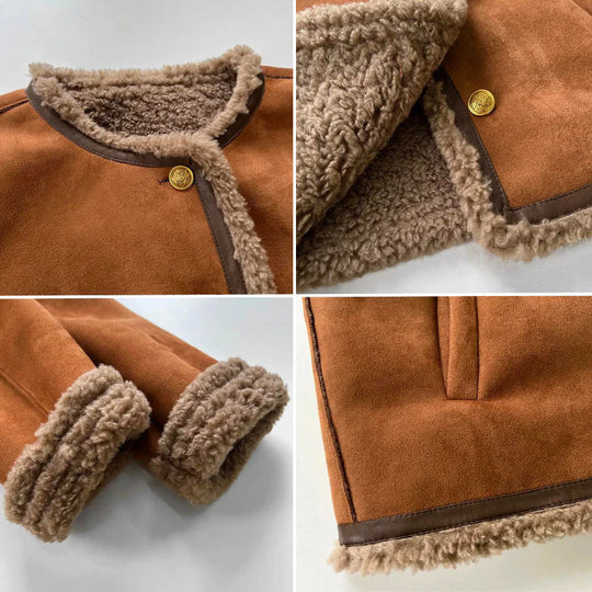 EB | Kunstschafsfell Gefütterte Wildlederjacke Kurze Gemütliche Geknöpfte Oberbekleidung