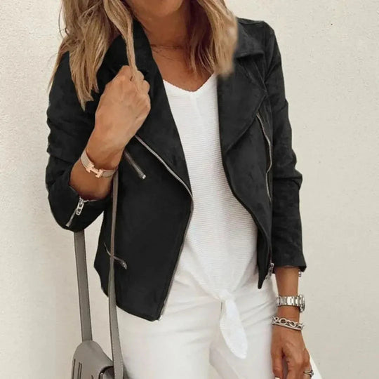 EB | Faux Suede Motorcycle Jacket with Asymmetrical Zipper and Zipper Pockets - Tailored Fit EB | Coat