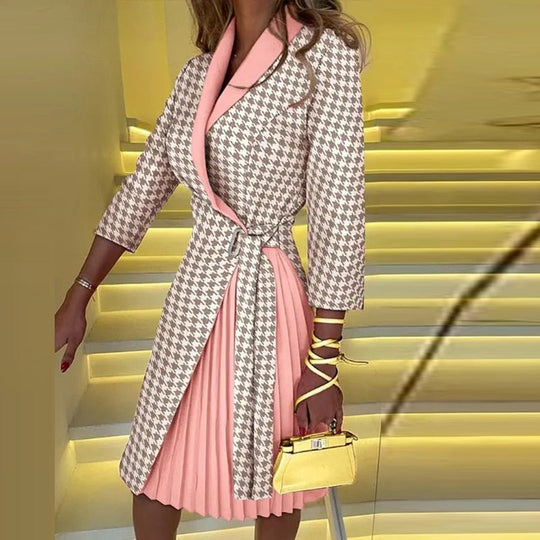 EB | Hahnentritt Mantelkleid mit Taillenbund und plissiertem Rock - Formelles Drei-Viertel-Ärmelkleid