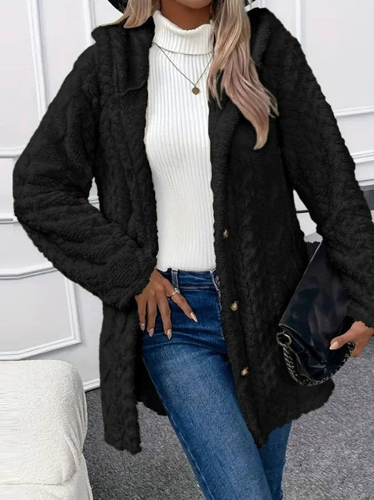 EB | Übergröße Kapuzenlange Jacke aus strukturiertem Fleece - Gemütlicher Wintermantel für legeren Stil