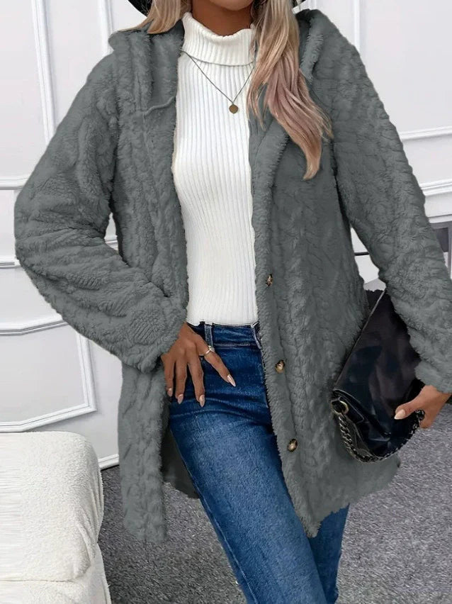 EB | Übergröße Kapuzenlange Jacke aus strukturiertem Fleece - Gemütlicher Wintermantel für legeren Stil