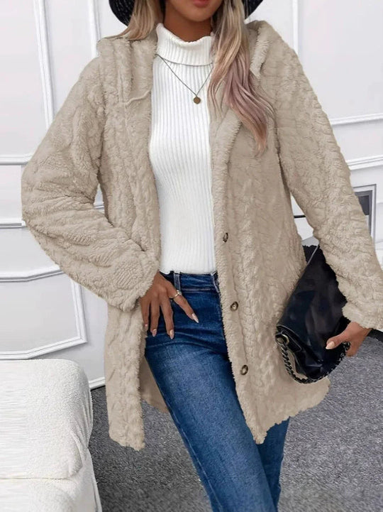 EB | Übergröße Kapuzenlange Jacke aus strukturiertem Fleece - Gemütlicher Wintermantel für legeren Stil