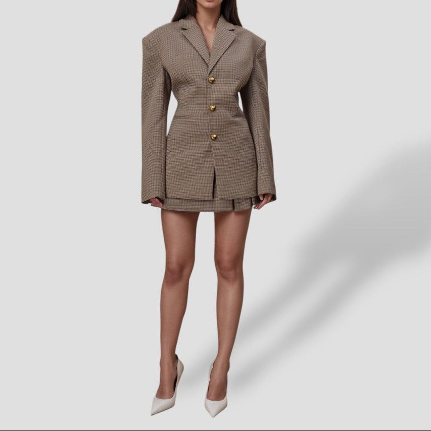 EB | Brauner Vintage Karierter Blazer mit Goldknöpfen – Langer Mantel