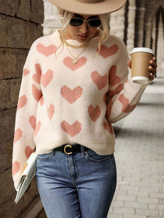 EB | Pullover - Damen Herbst Freizeit Herzdruck Strickpullover