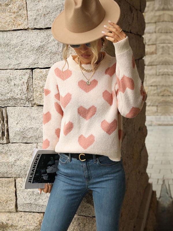 EB | Pullover - Damen Herbst Freizeit Herzdruck Strickpullover
