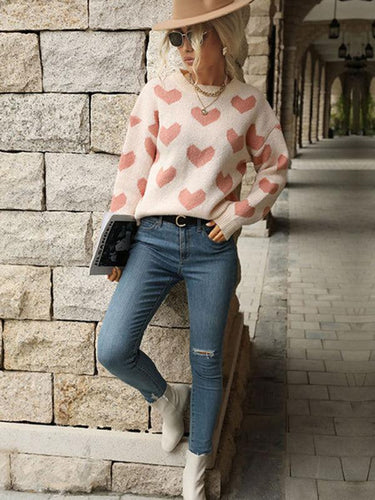 EB | Pullover - Damen Herbst Freizeit Herzdruck Strickpullover
