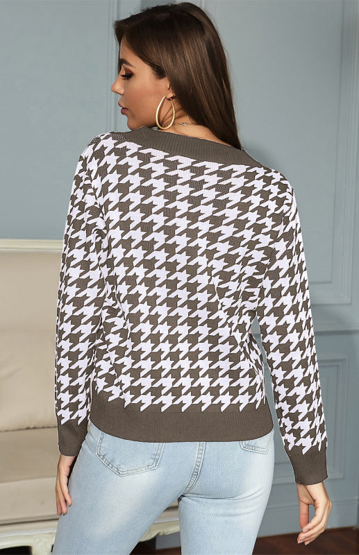 EB | Pullover - Damen Herbst Tiefer V-Ausschnitt Hundezaun Muster Pullover