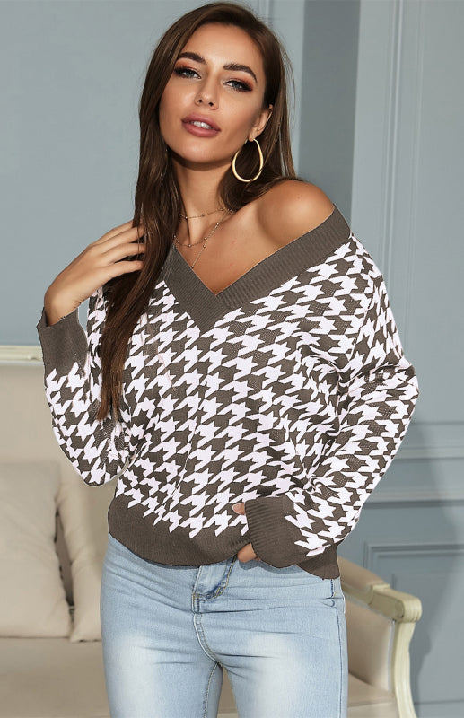 EB | Pullover - Damen Herbst Tiefer V-Ausschnitt Hundezaun Muster Pullover