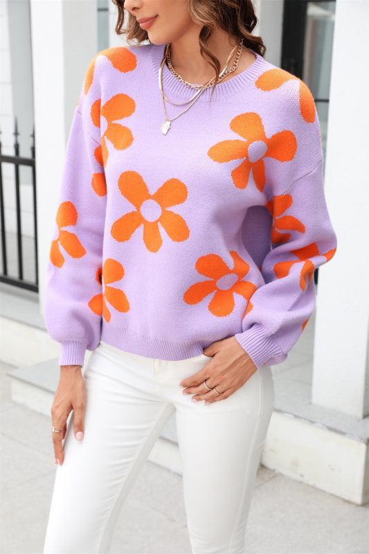 EB | Pullover - Damen Herbst Floral Druck Lockere Passform Rundhals Pullover