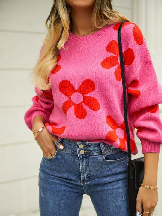 EB | Pullover - Damen Herbst Floral Druck Lockere Passform Rundhals Pullover